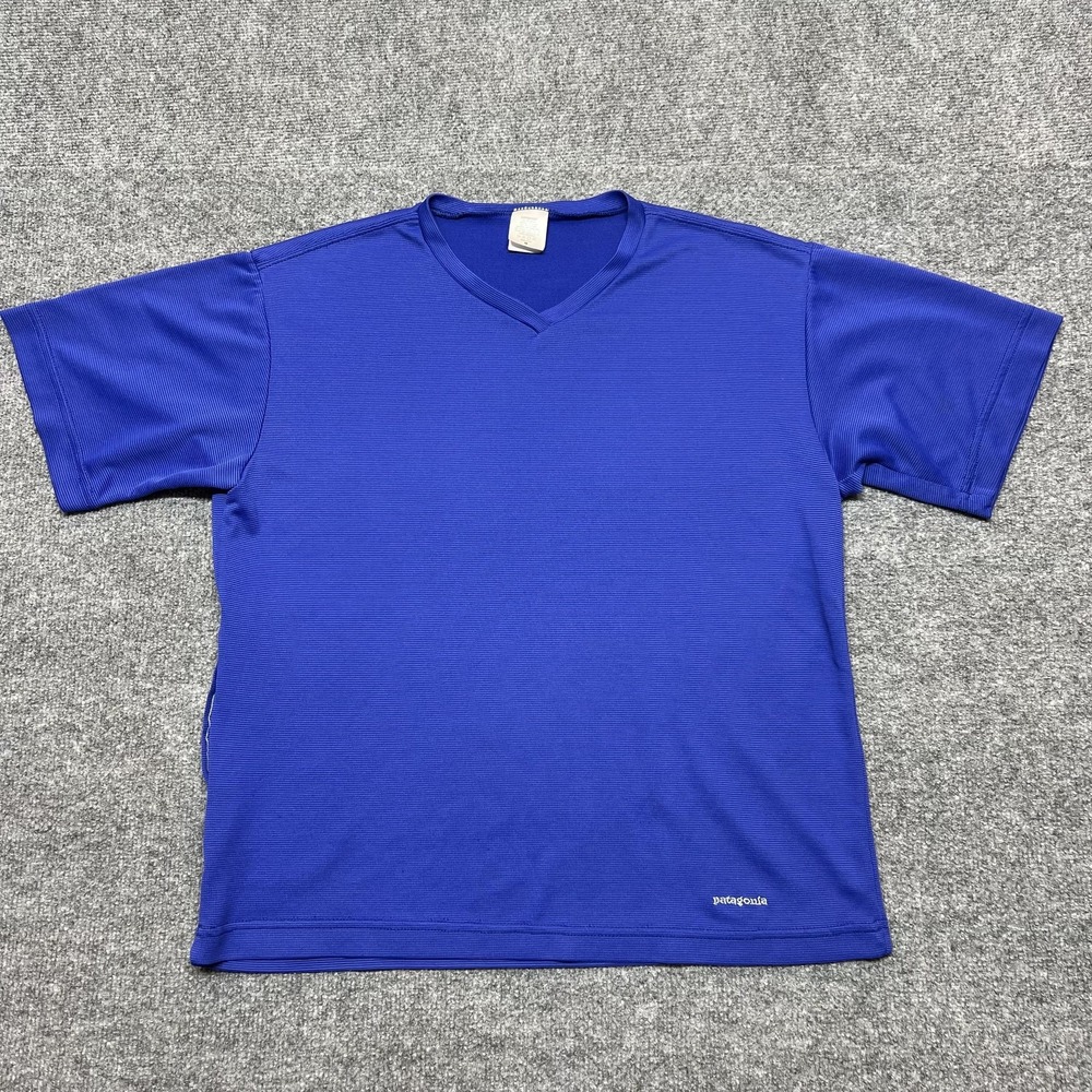 Patagonia Shirt Mens Medium Blue Short Sleeve V-Neck Made USA Tee Running Top
